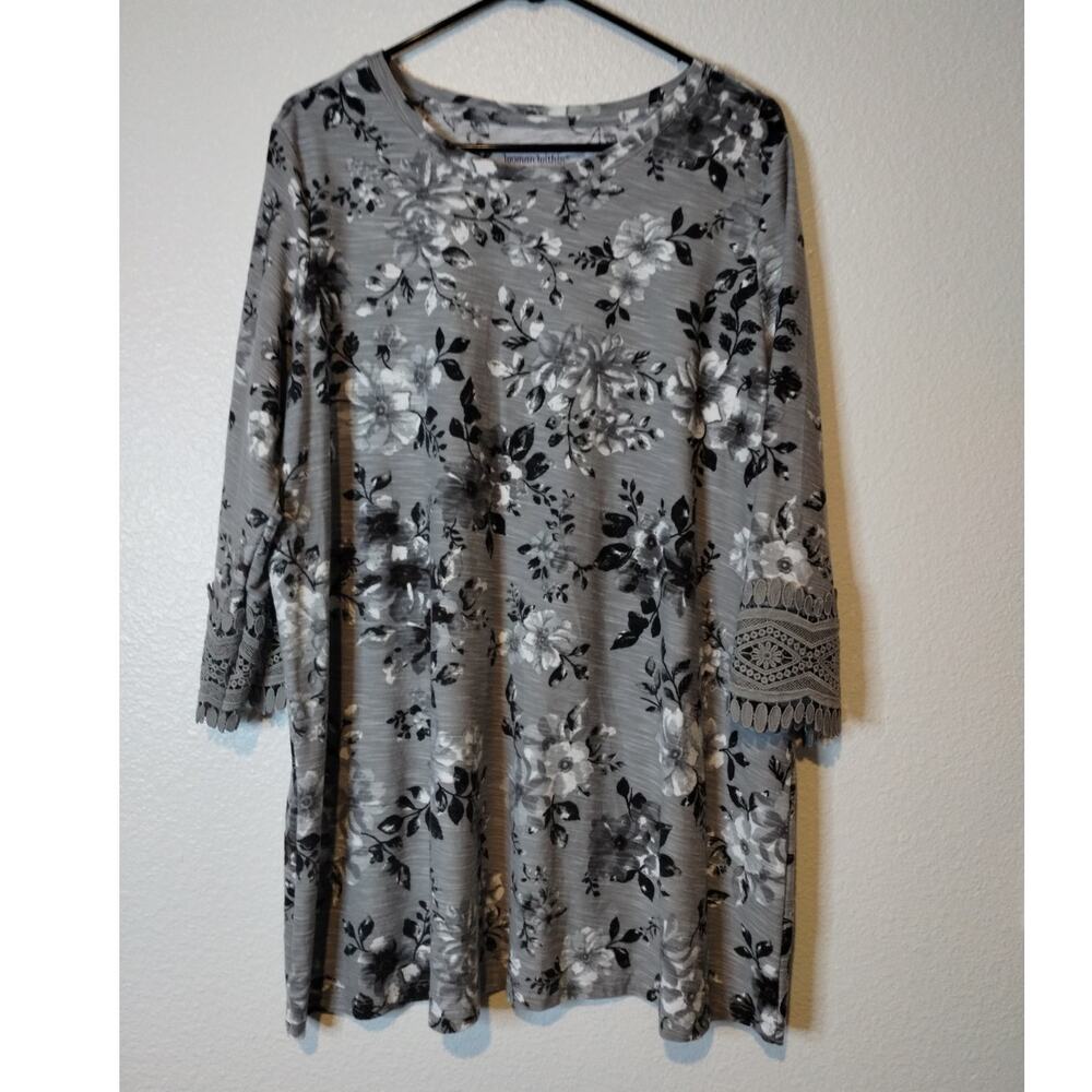 Woman Within Size 18/20 Gray Floral Boat Neck Bateau Crochet Lace Sleeves Tunic